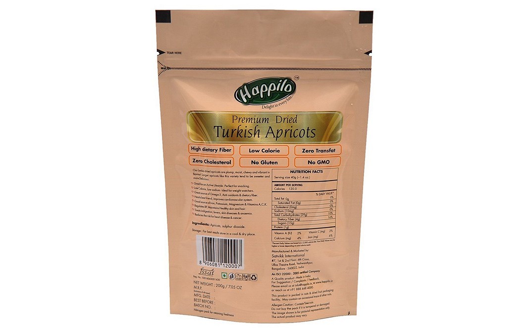 Happilo Premium Dried Turkish Apricots   Pack  200 grams